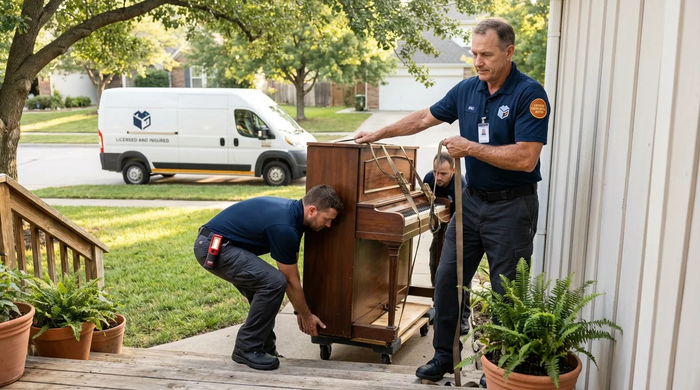 Licensed piano movers securing grand piano in East Jordan, MI