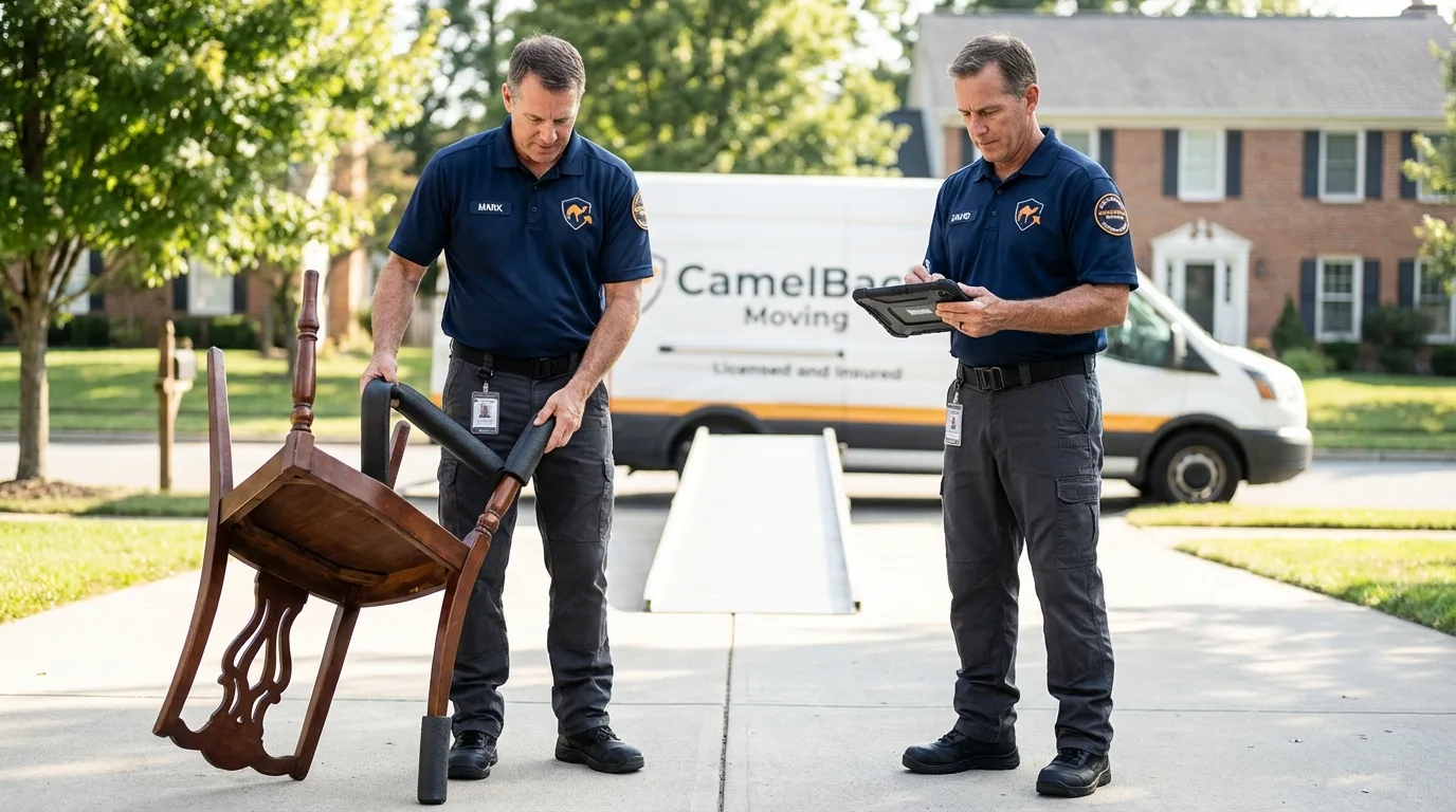 Movers inspecting furniture for damage prevention before loading in East Jordan, MI