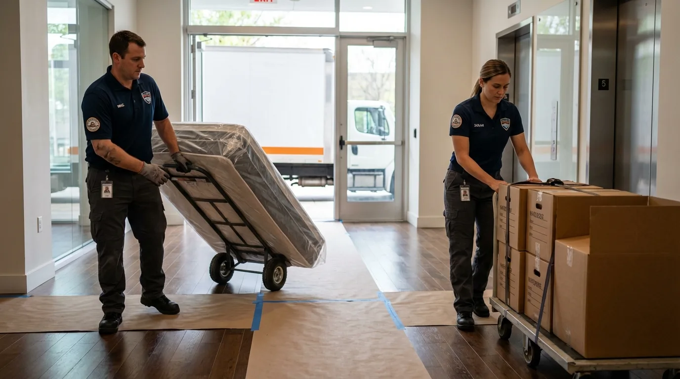 Professional apartment movers loading elevator in East Jordan, MI