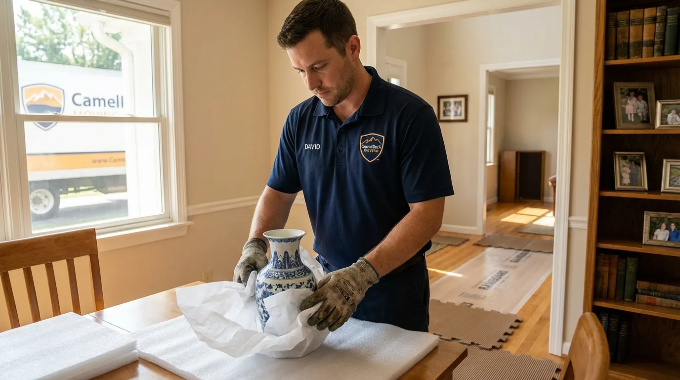 Professional crew carefully wrapping antique vase for senior downsizing move in East Jordan, MI