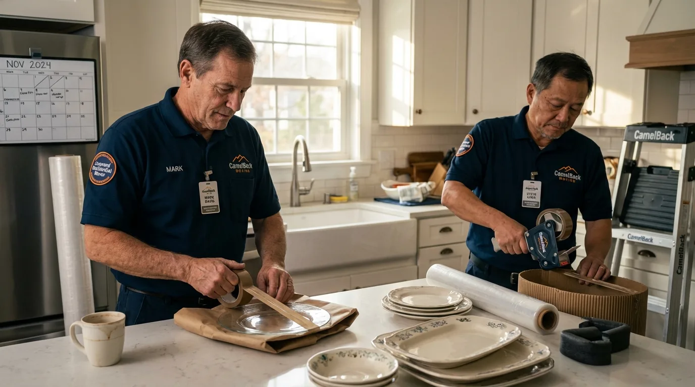Professional crew packing kitchen dishware in East Jordan, MI